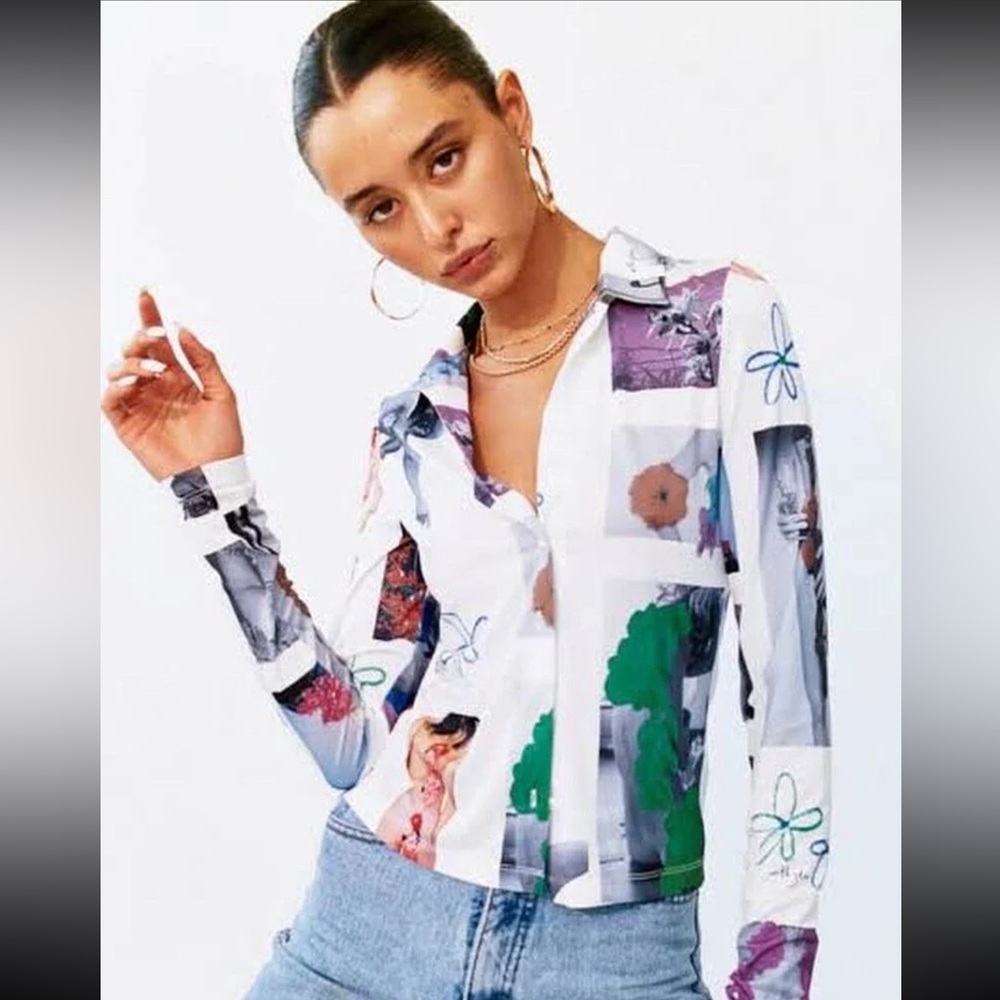 With Jean Bobbie shirt cropped bottom down graffiti collage satin shirt